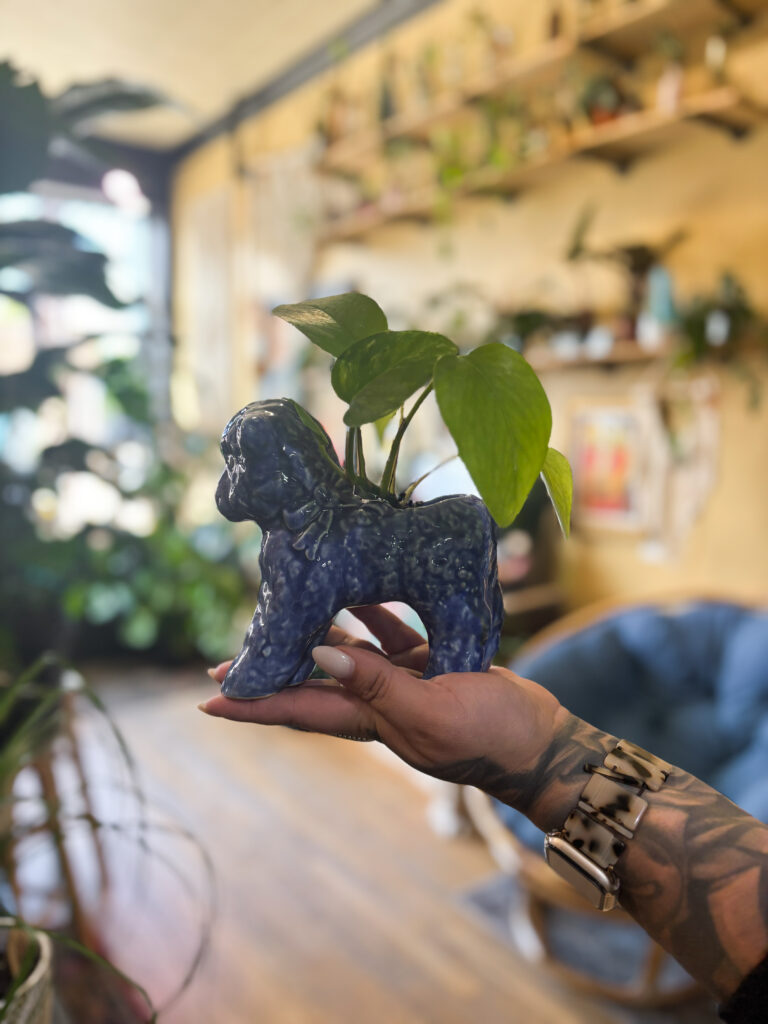 Women holding a dog planter with a plant in it. 